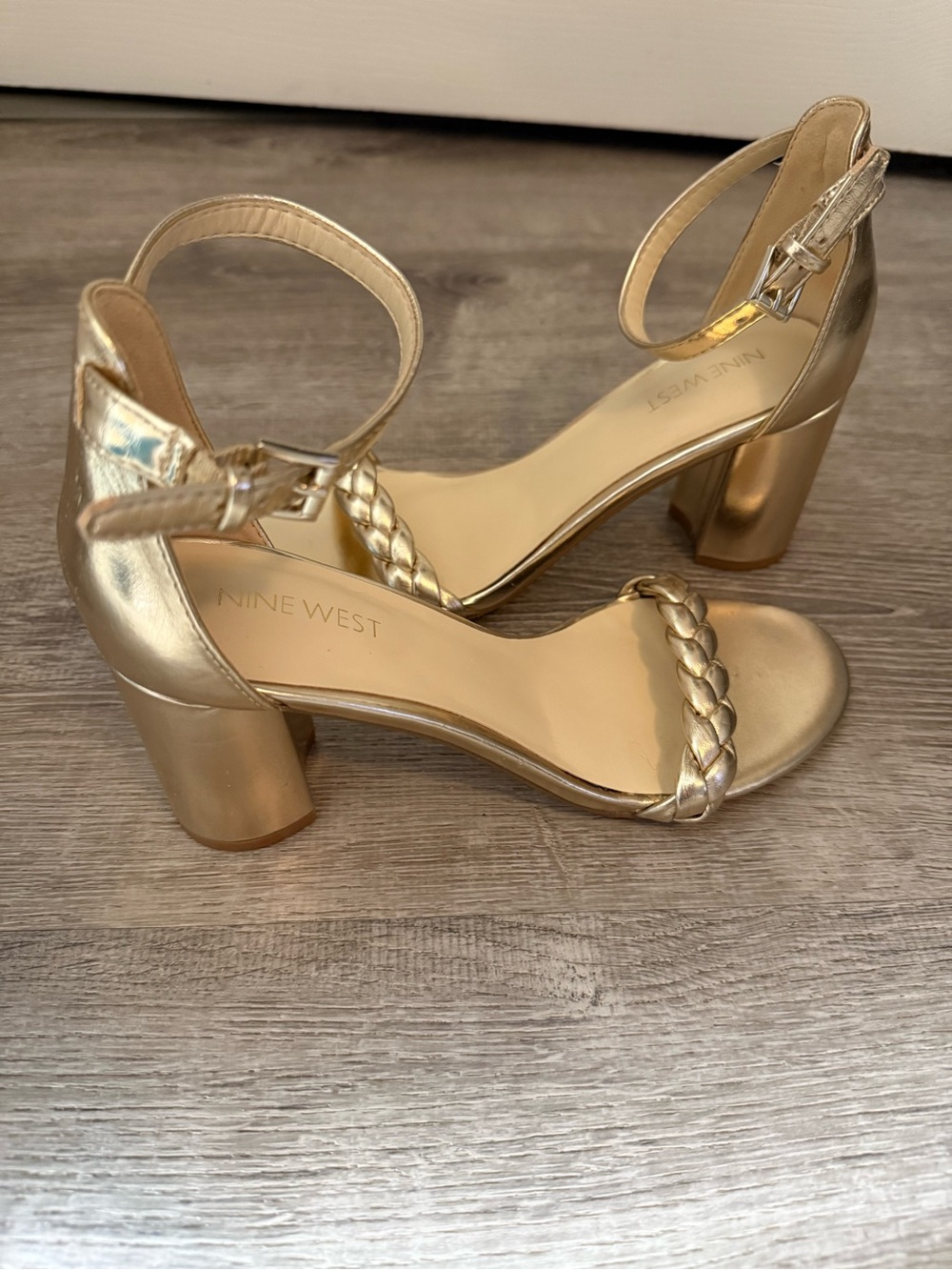 Nine West Gold Braided Ankle-Strap Block Heel Sandals Size 7.5